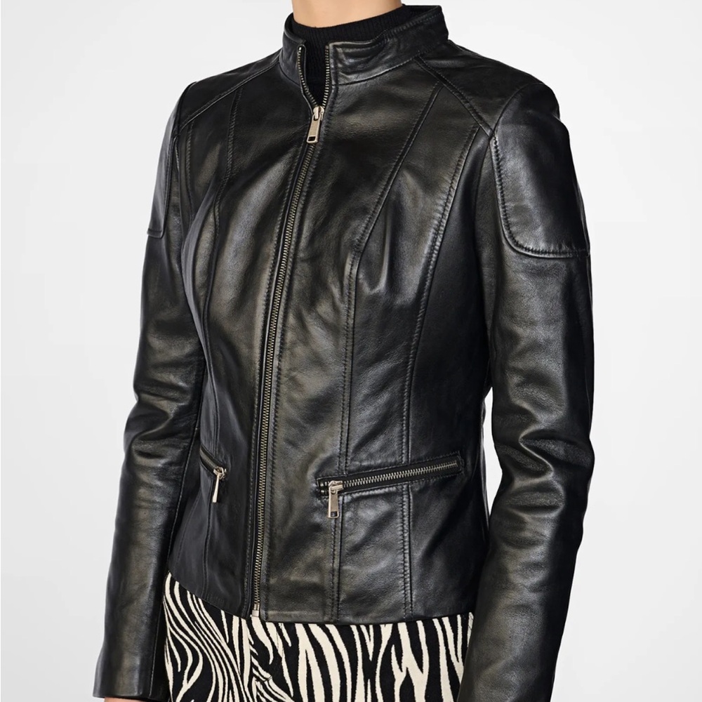 Sleek Black Leather Jacket with Stand-Up Collar and Streamlined Design